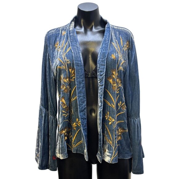 NWT Johnny Was Blue Velvet Embroidered Aria Ruffle Sleeve Bolero Jacket L - Picture 5 of 6